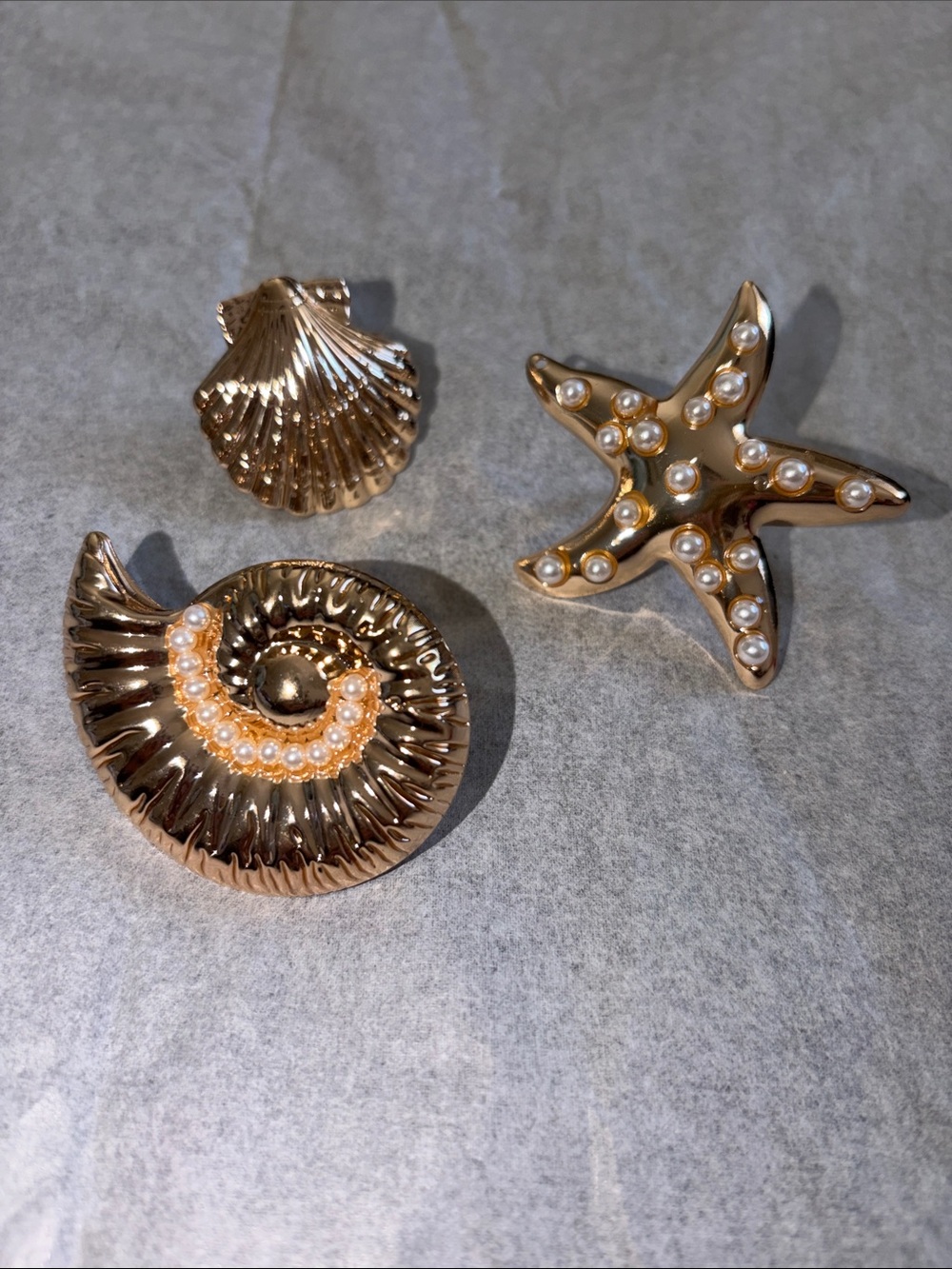 3 Gold-Tone Seashell & Starfish Pearl Accent Ring Set - Women Jewelry Rings